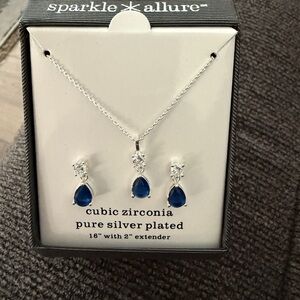 Sparkle Allure Silver Plated Necklace and Earring Set with Blue Cubic Zirconia